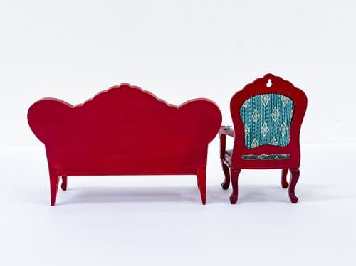 Vtg Victorian Style Artisan Mirrorback Sofa &Chair Green &Mahogany Dollhouse - Thumbnail 4