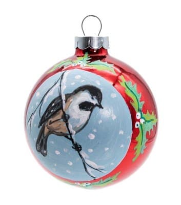 Vintage Hand Painted Chickadee Bird Red Glass Christmas Ornament - Image 1