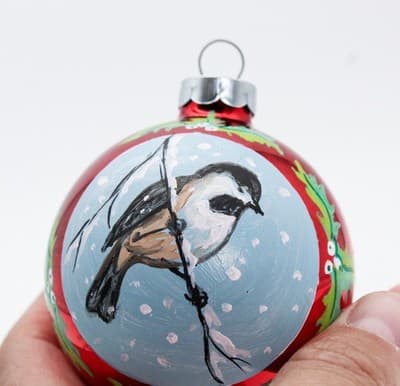 Vintage Hand Painted Chickadee Bird Red Glass Christmas Ornament - Thumbnail 2