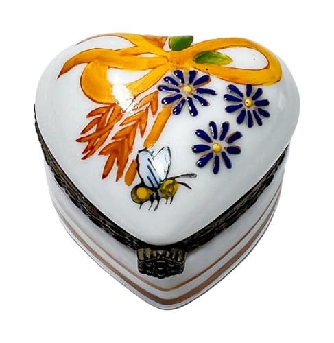 Vintage Hallmarked Heart Shaped Hand Painted Porcelain Bee & Flower Trinket Box - Image 1