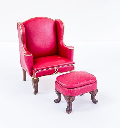 Vintage Red Leather Wing Chair &Ottoman Dollhouse Miniature Furniture Scale 1:12 - Thumbnail 6