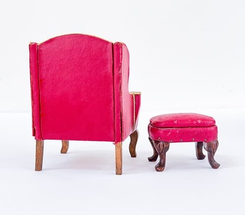 Vintage Red Leather Wing Chair &Ottoman Dollhouse Miniature Furniture Scale 1:12 - Thumbnail 4