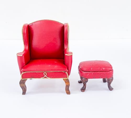 Vintage Red Leather Wing Chair &Ottoman Dollhouse Miniature Furniture Scale 1:12 - Thumbnail 3