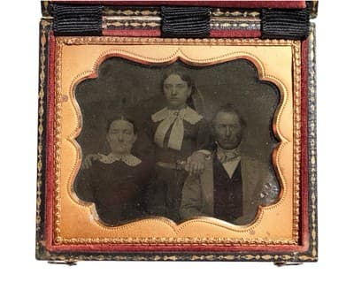 Antique 1860's Civil War Era Daguerreotype Posed Family In Full Leather Case - Image 1