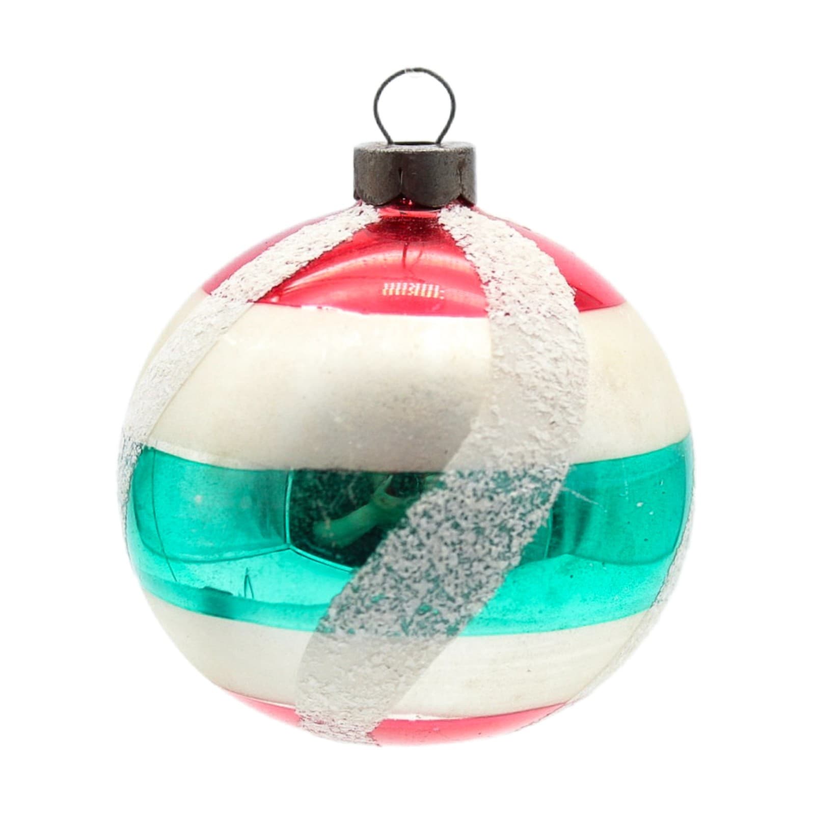 Vintage Poland Red White Green Striped Mica Glass Christmas Ornament 2.5" - Image 1