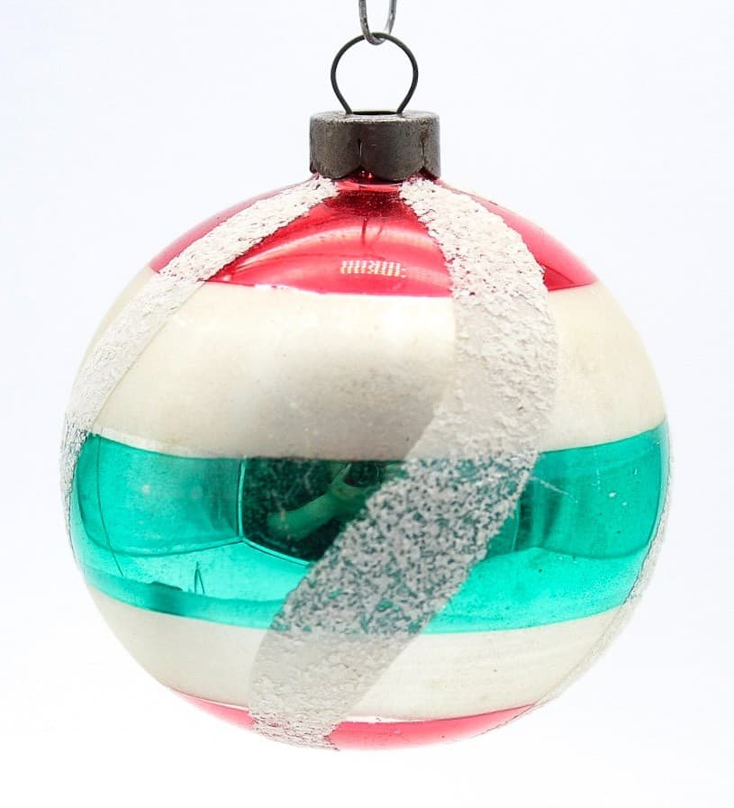 Vintage Poland Red White Green Striped Mica Glass Christmas Ornament 2.5" - Thumbnail 7