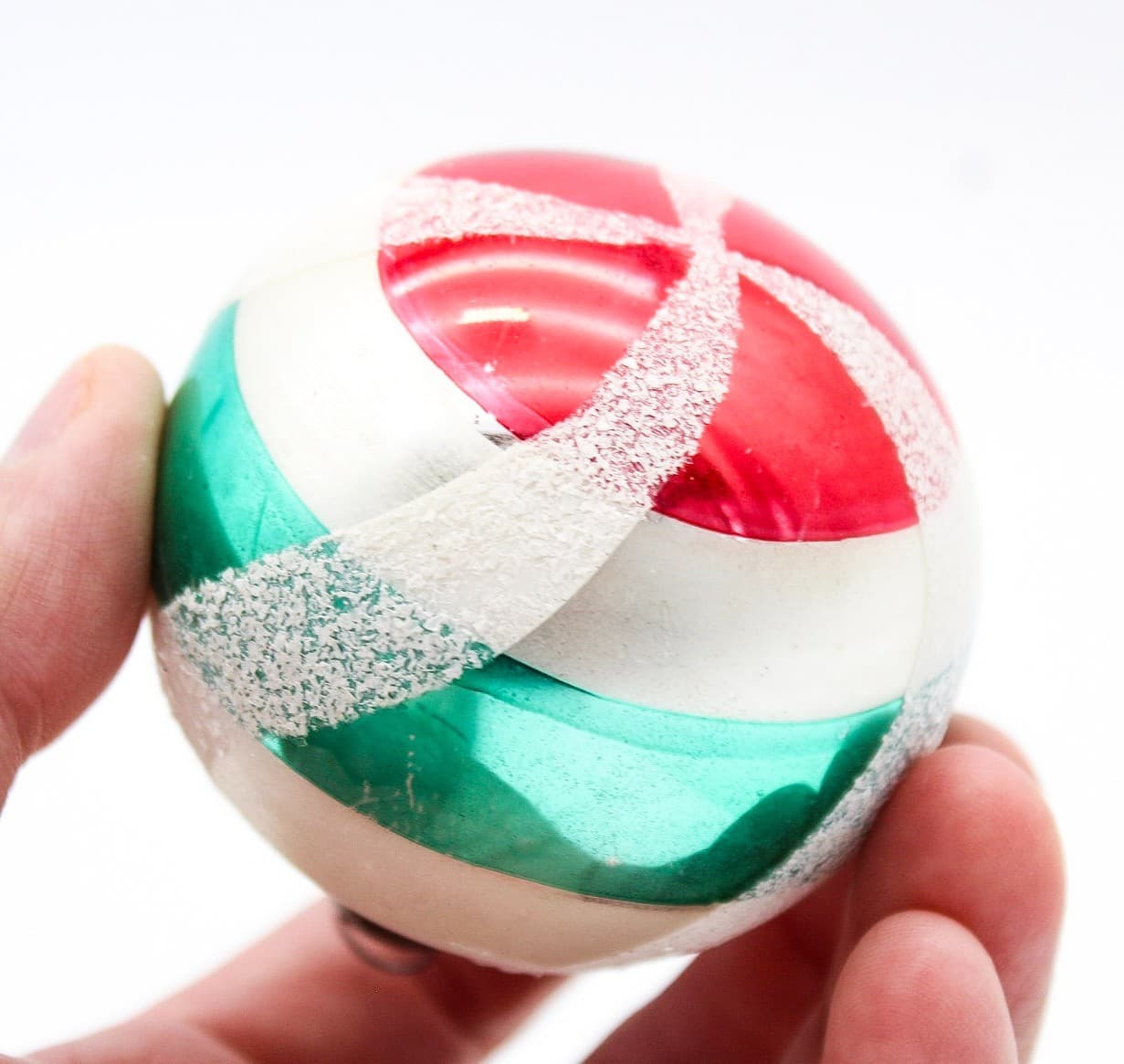 Vintage Poland Red White Green Striped Mica Glass Christmas Ornament 2.5" - Thumbnail 3