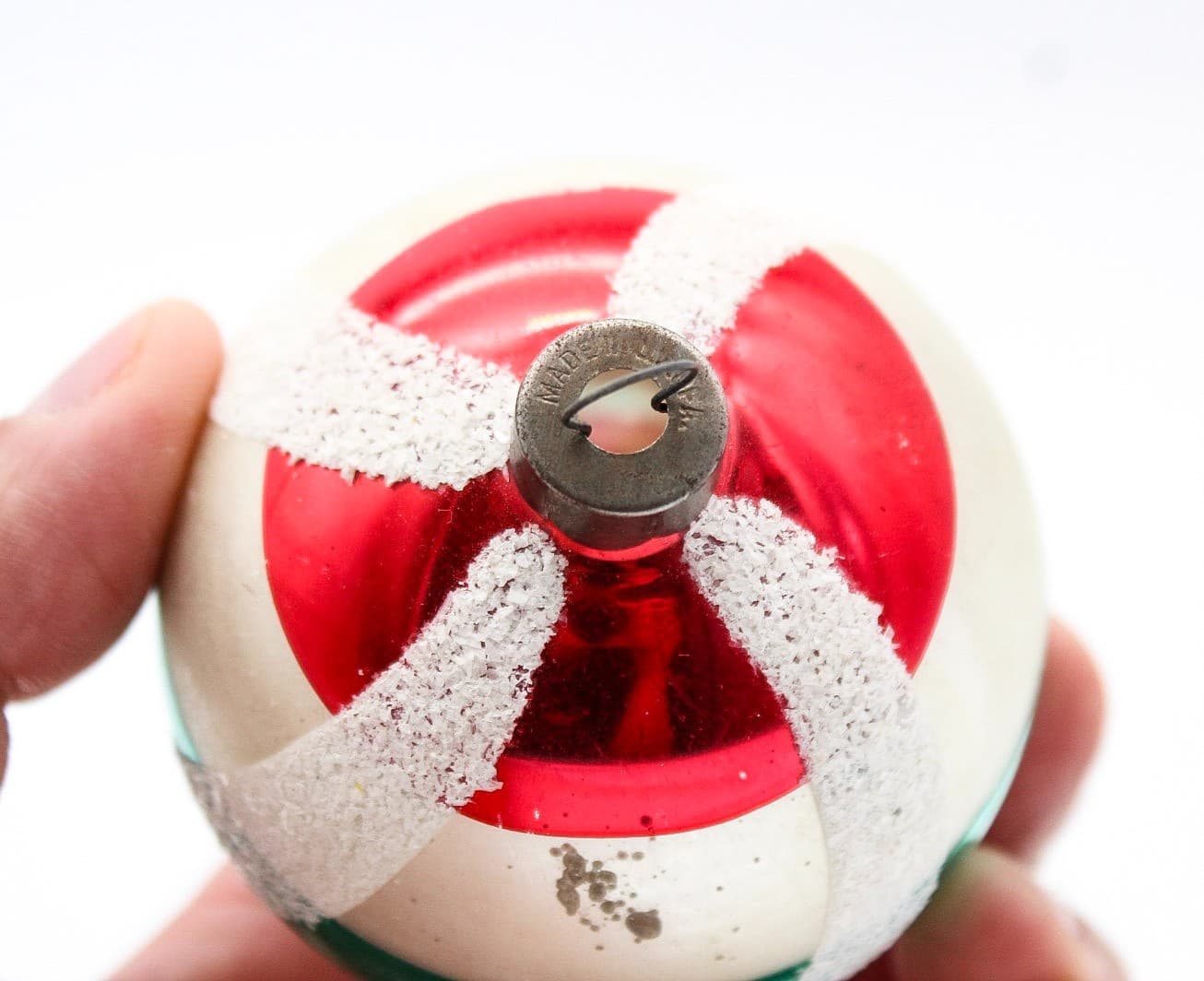 Vintage Poland Red White Green Striped Mica Glass Christmas Ornament 2.5" - Thumbnail 4