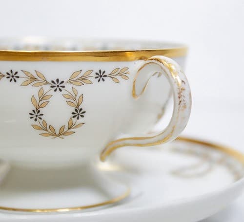 LIMOGES FRANCE K&B Gold Gilt Boullion Pedestal Porcelain Cup & Saucer Antique - Thumbnail 2
