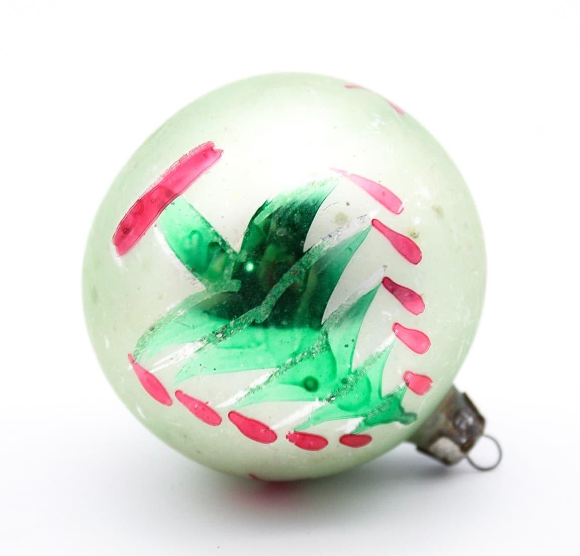 Vintage Made In Poland Hand Painted Christmas Tree Motif Glass Ornament 2.5" - Thumbnail 2