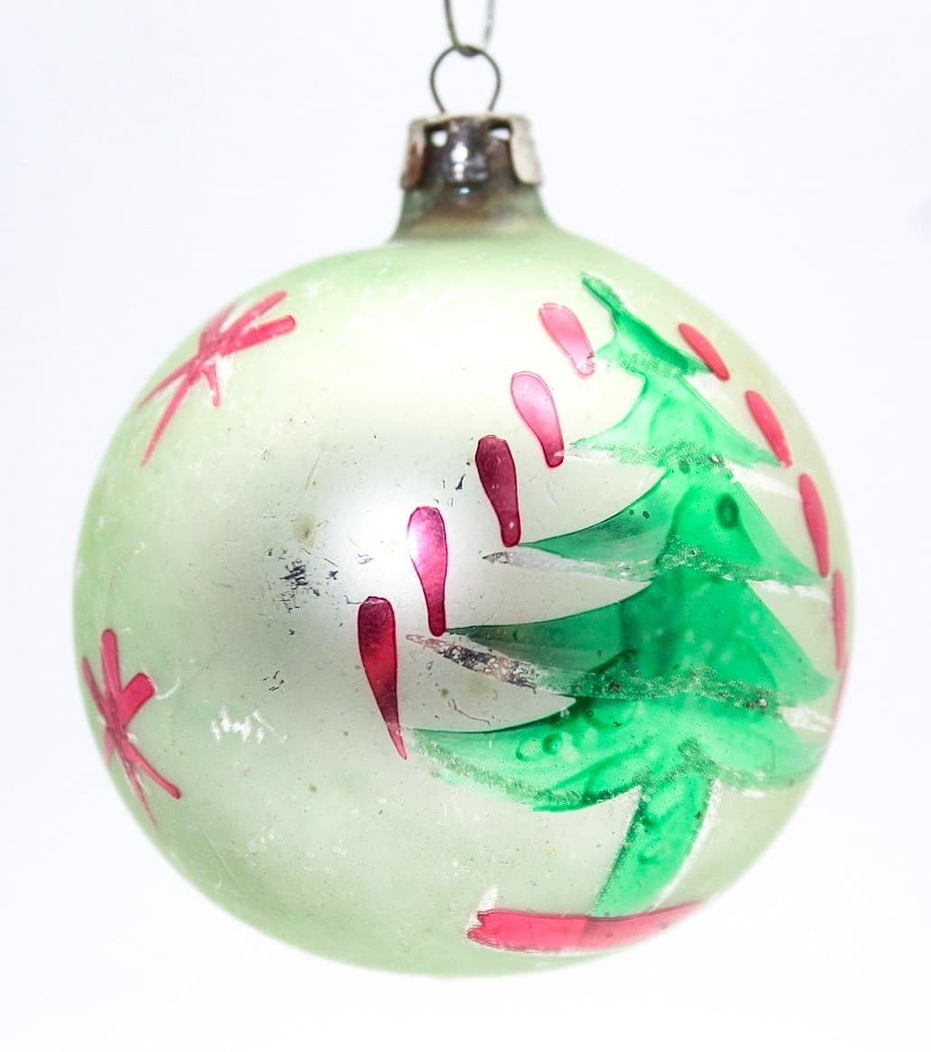 Vintage Made In Poland Hand Painted Christmas Tree Motif Glass Ornament 2.5" - Thumbnail 7