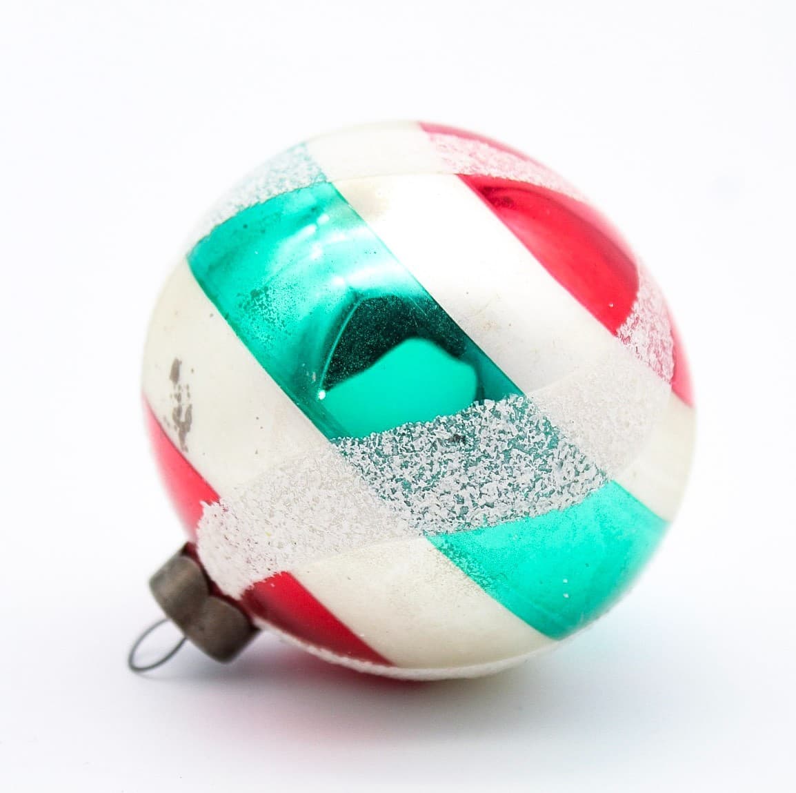 Vintage Poland Red White Green Striped Mica Glass Christmas Ornament 2.5" - Thumbnail 2