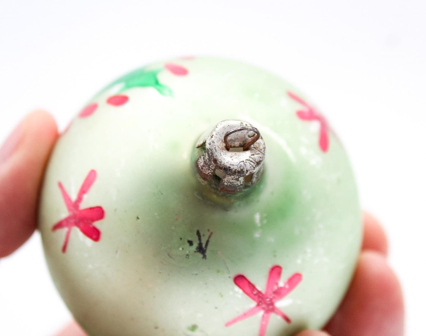 Vintage Made In Poland Hand Painted Christmas Tree Motif Glass Ornament 2.5" - Thumbnail 4