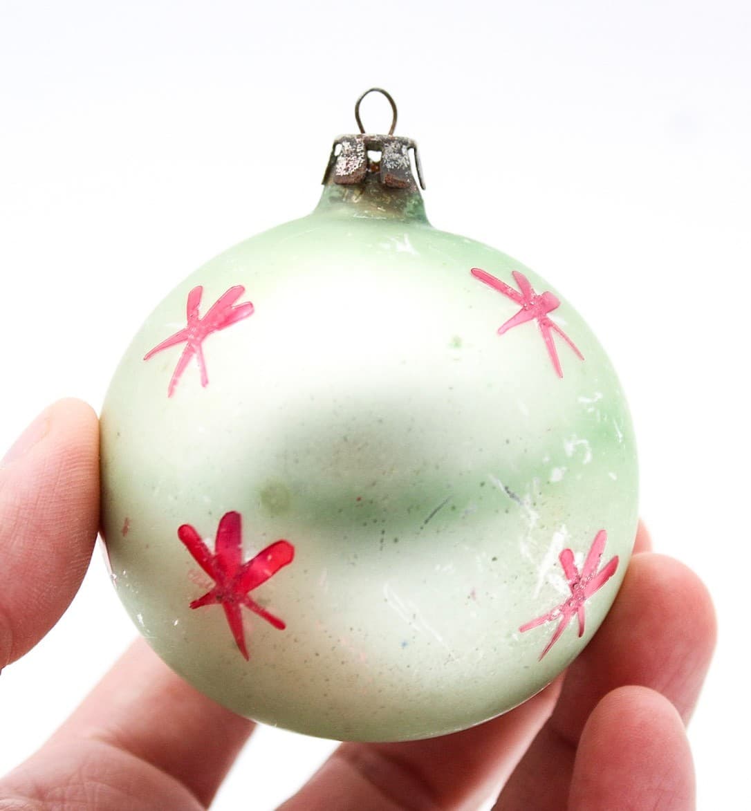 Vintage Made In Poland Hand Painted Christmas Tree Motif Glass Ornament 2.5" - Thumbnail 5
