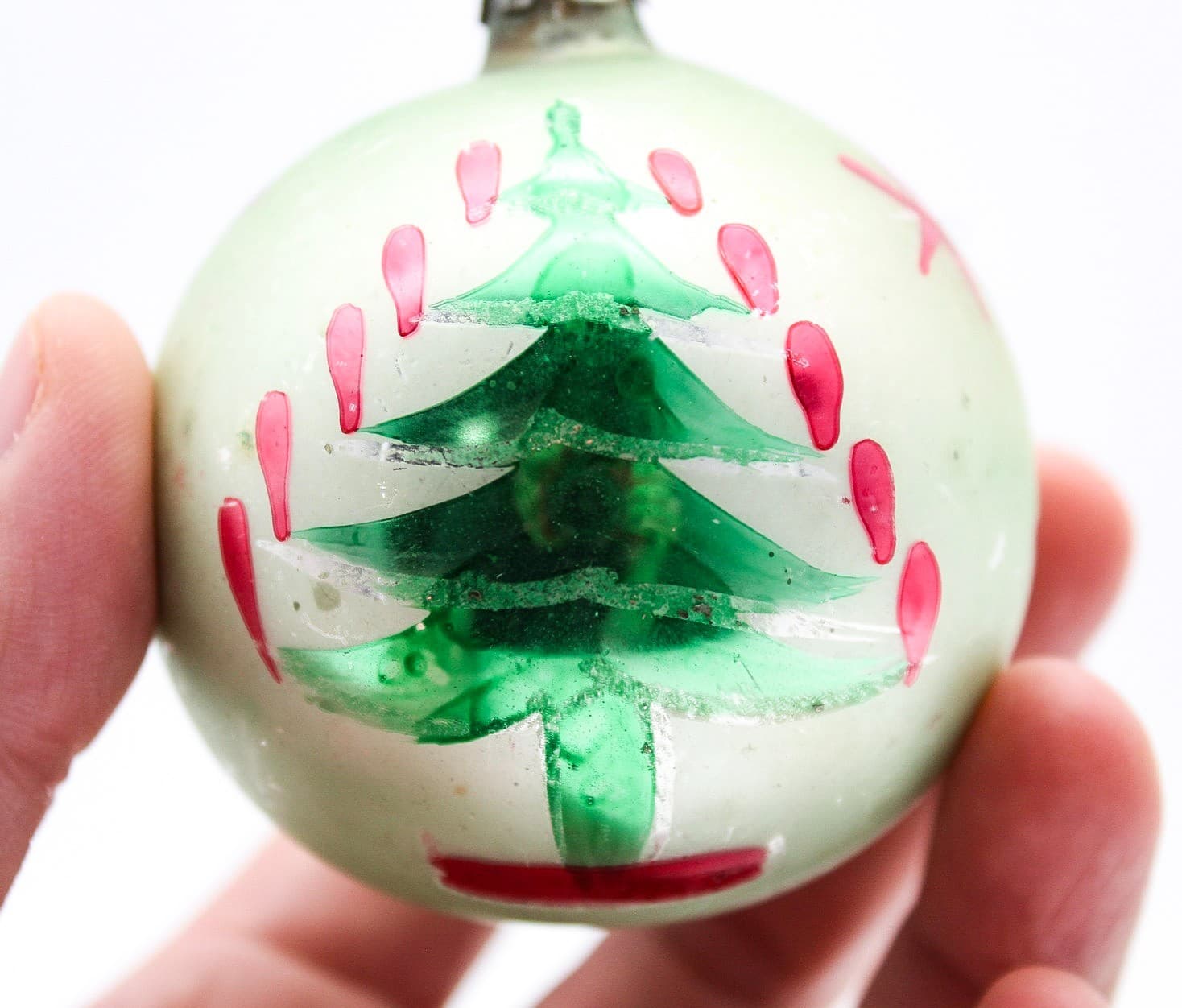 Vintage Made In Poland Hand Painted Christmas Tree Motif Glass Ornament 2.5" - Thumbnail 6
