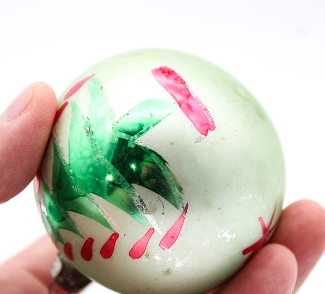 Vintage Made In Poland Hand Painted Christmas Tree Motif Glass Ornament 2.5" - Thumbnail 3