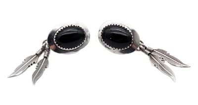 Vintage Navajo Sterling Silver 925 Black Onyx Feather Pierced Earrings - Image 1