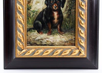 20th C Dachshund Puppy Oil On Board Painted Artist Signed Gilt Frame Painting - Thumbnail 4