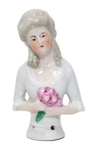 Antique German Porcelain Art Deco Woman Pin Cushion Doll Lady with Flower - Image 1