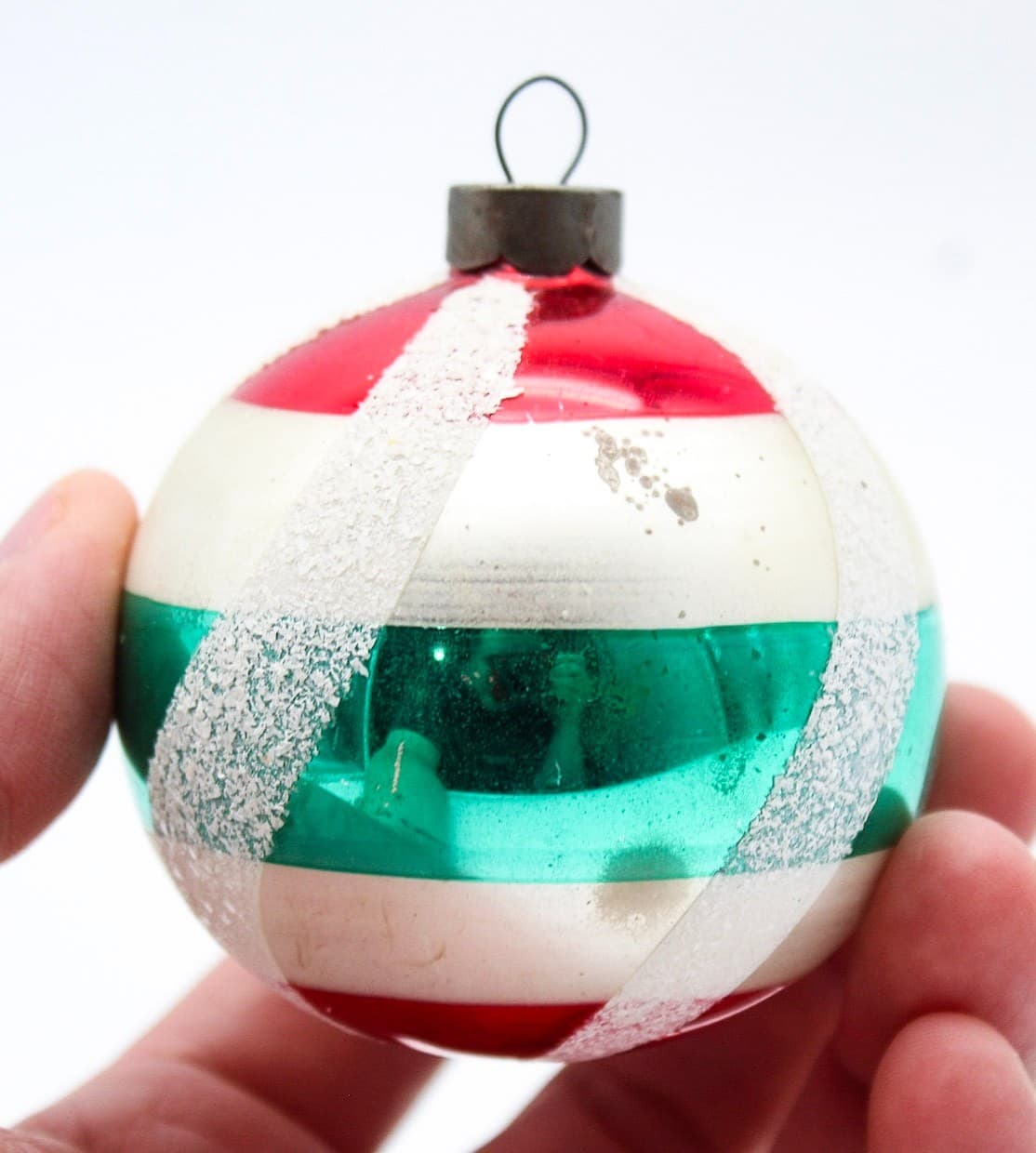 Vintage Poland Red White Green Striped Mica Glass Christmas Ornament 2.5" - Thumbnail 5