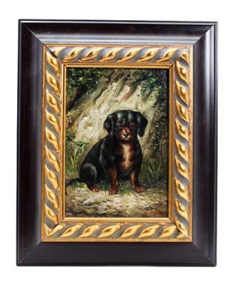 20th C Dachshund Puppy Oil On Board Painted Artist Signed Gilt Frame Painting - Image 1