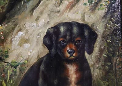 20th C Dachshund Puppy Oil On Board Painted Artist Signed Gilt Frame Painting - Thumbnail 6