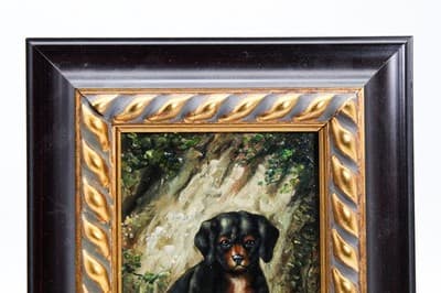 20th C Dachshund Puppy Oil On Board Painted Artist Signed Gilt Frame Painting - Thumbnail 5