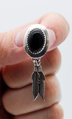 Vintage Navajo Sterling Silver 925 Black Onyx Feather Pierced Earrings - Thumbnail 2