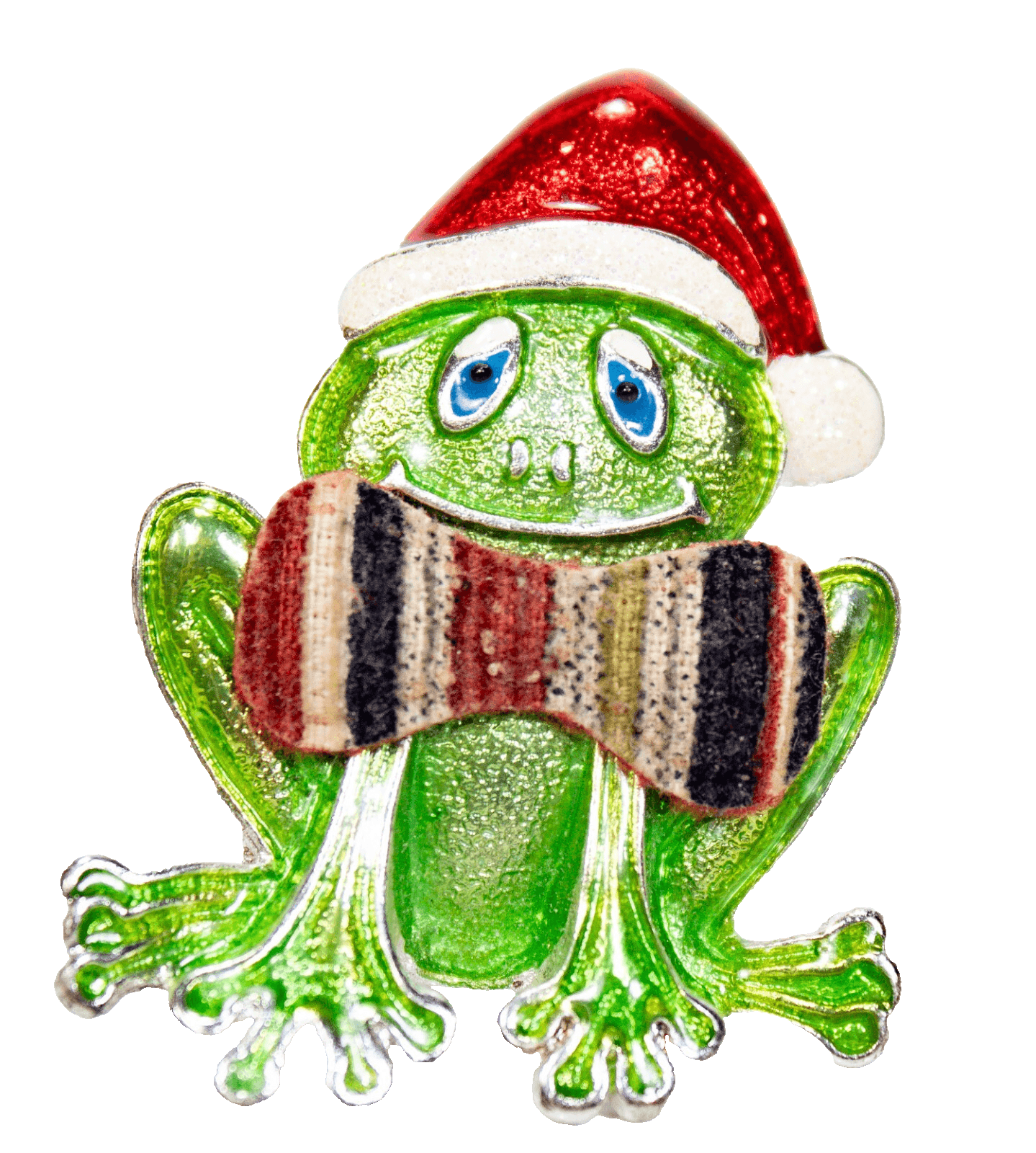 Vintage Festive Green Frog Santa Hat With Bow Tie Enameled Christmas Brooch - Image 1