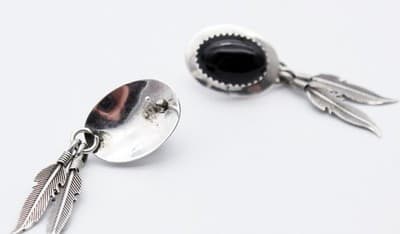 Vintage Navajo Sterling Silver 925 Black Onyx Feather Pierced Earrings - Thumbnail 5
