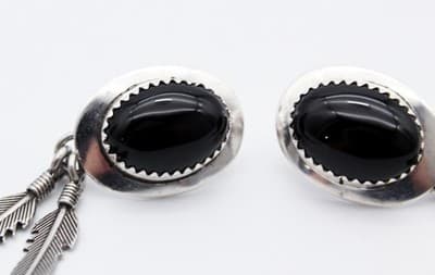 Vintage Navajo Sterling Silver 925 Black Onyx Feather Pierced Earrings - Thumbnail 3