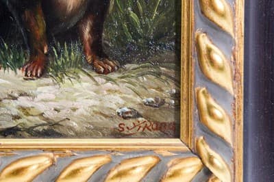 20th C Dachshund Puppy Oil On Board Painted Artist Signed Gilt Frame Painting - Thumbnail 3