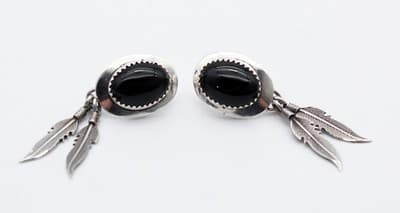 Vintage Navajo Sterling Silver 925 Black Onyx Feather Pierced Earrings - Thumbnail 4