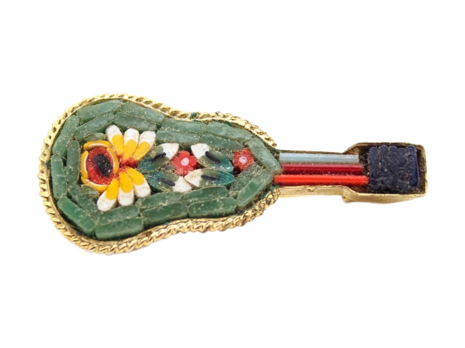 Vintage Micro Mosaic Multicolor Guitar Madolin Italy Small Pin Brooch 1.5" - Image 1