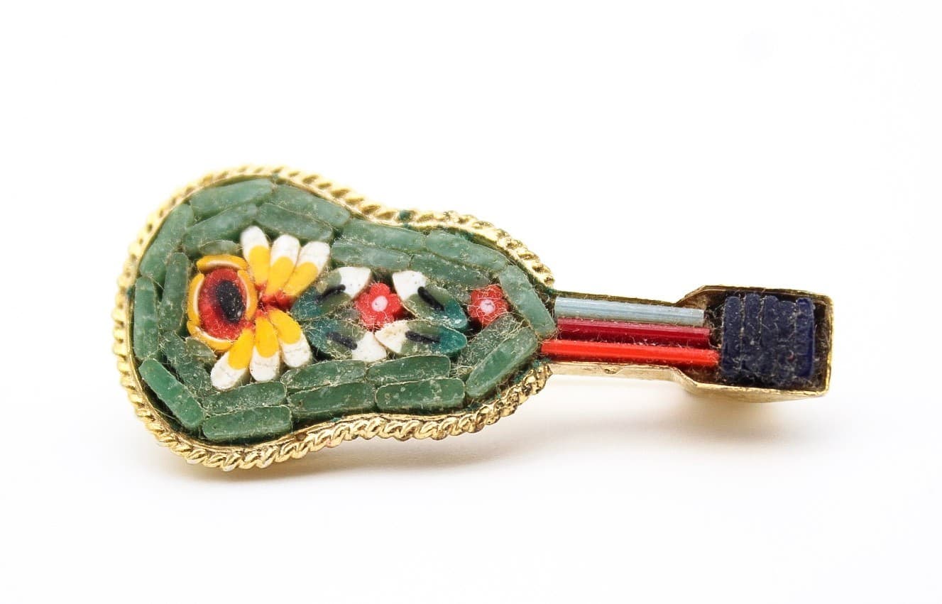 Vintage Micro Mosaic Multicolor Guitar Madolin Italy Small Pin Brooch 1.5" - Thumbnail 7