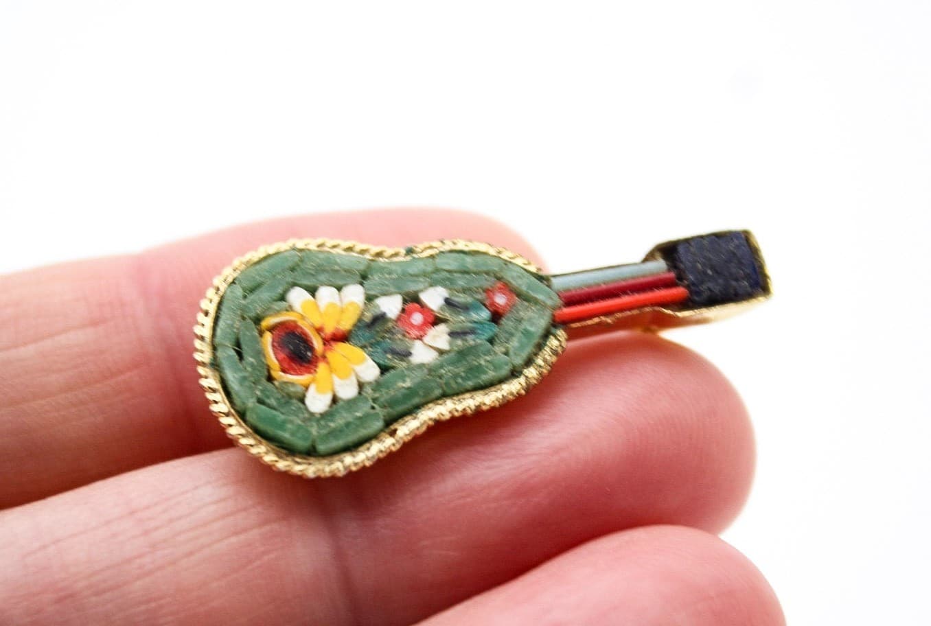 Vintage Micro Mosaic Multicolor Guitar Madolin Italy Small Pin Brooch 1.5" - Thumbnail 4