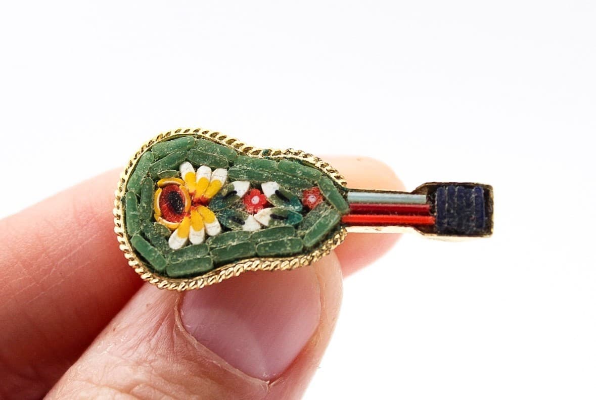 Vintage Micro Mosaic Multicolor Guitar Madolin Italy Small Pin Brooch 1.5" - Thumbnail 2