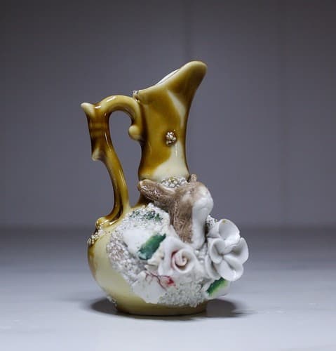RARE Antique Vintage Miniature Ewer Jug Porcelain Rabbit & Flowers Motif Asian - Thumbnail 9