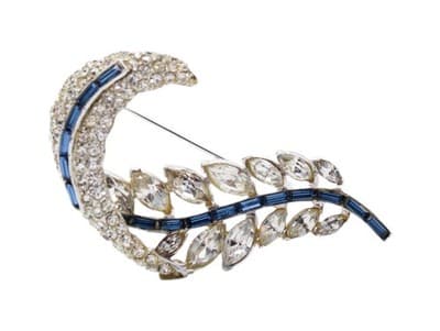 Vintage Silver Tone Blue & Clear Marquise & Baguette Cut Rhinestone Pin Brooch - Image 1