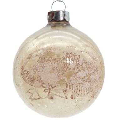 Vtg SHINY BRITE Stencil Glittered Beige Snowmen Motif Glass Christmas Ornament - Image 1