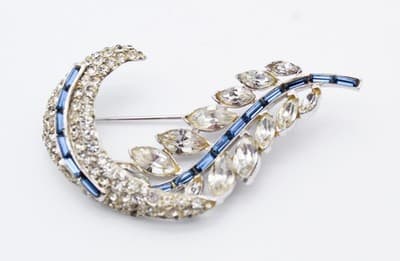 Vintage Silver Tone Blue & Clear Marquise & Baguette Cut Rhinestone Pin Brooch - Thumbnail 9