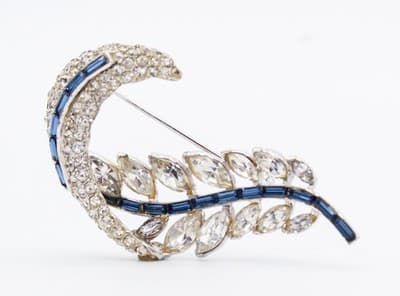 Vintage Silver Tone Blue & Clear Marquise & Baguette Cut Rhinestone Pin Brooch - Thumbnail 10