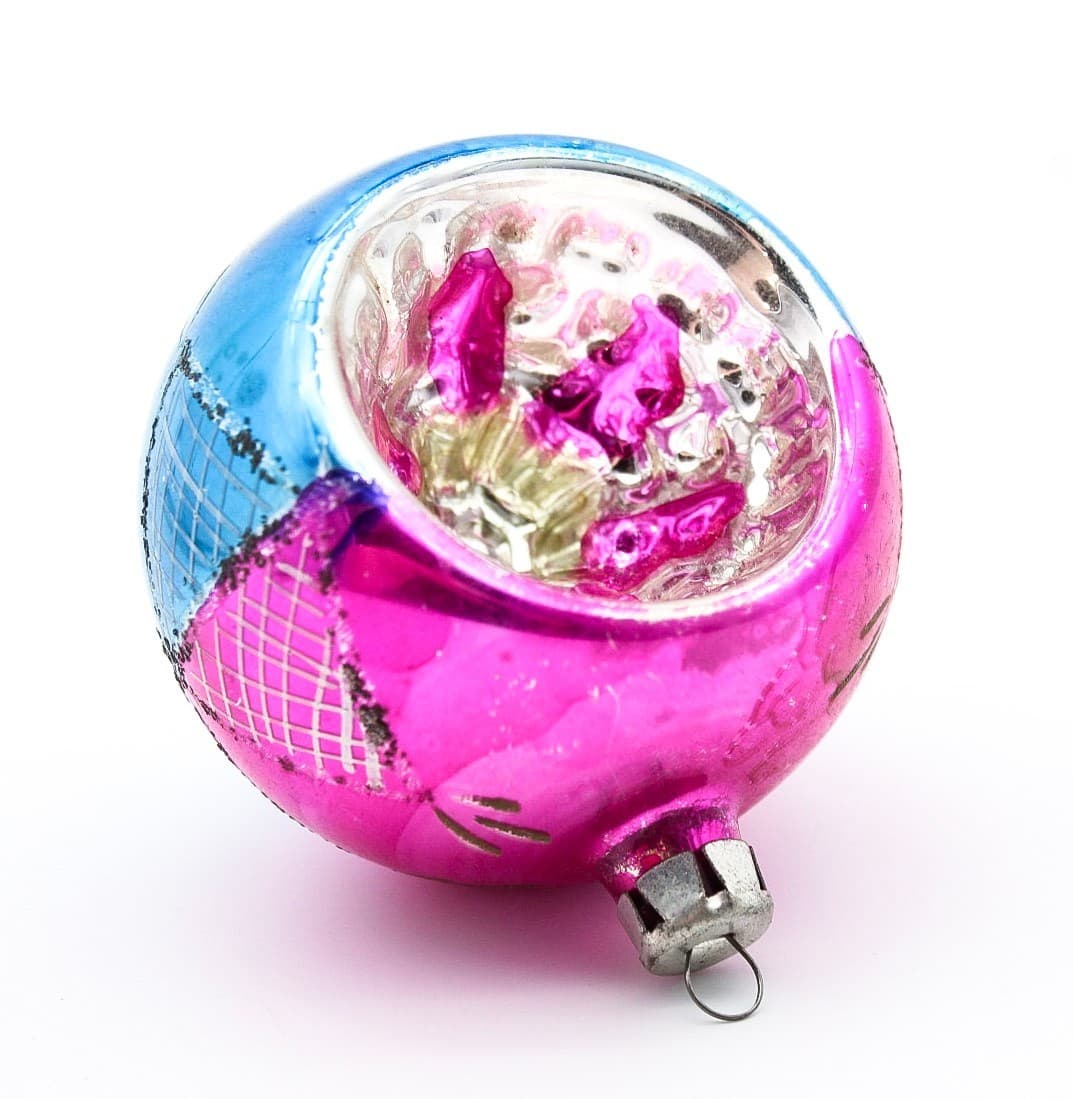 Vintage Poland Indent Reflector Pink Blue Mica Glass Christmas Ornament 2.5" - Thumbnail 2