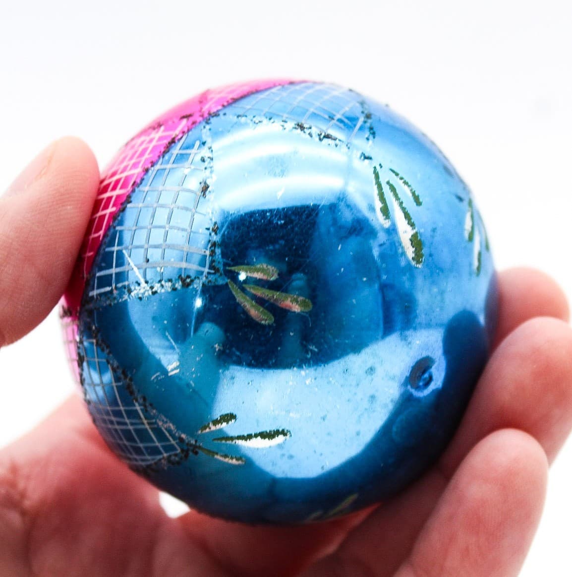 Vintage Poland Indent Reflector Pink Blue Mica Glass Christmas Ornament 2.5" - Thumbnail 4