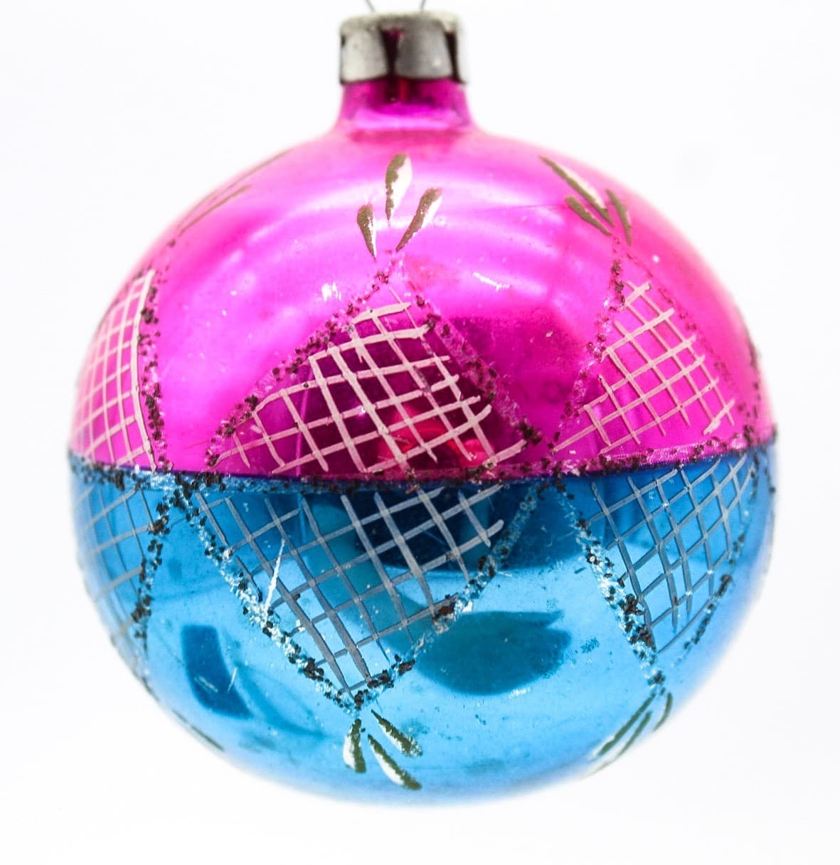 Vintage Poland Indent Reflector Pink Blue Mica Glass Christmas Ornament 2.5" - Thumbnail 6