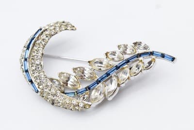 Vintage Silver Tone Blue & Clear Marquise & Baguette Cut Rhinestone Pin Brooch - Thumbnail 6