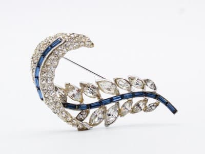 Vintage Silver Tone Blue & Clear Marquise & Baguette Cut Rhinestone Pin Brooch - Thumbnail 7