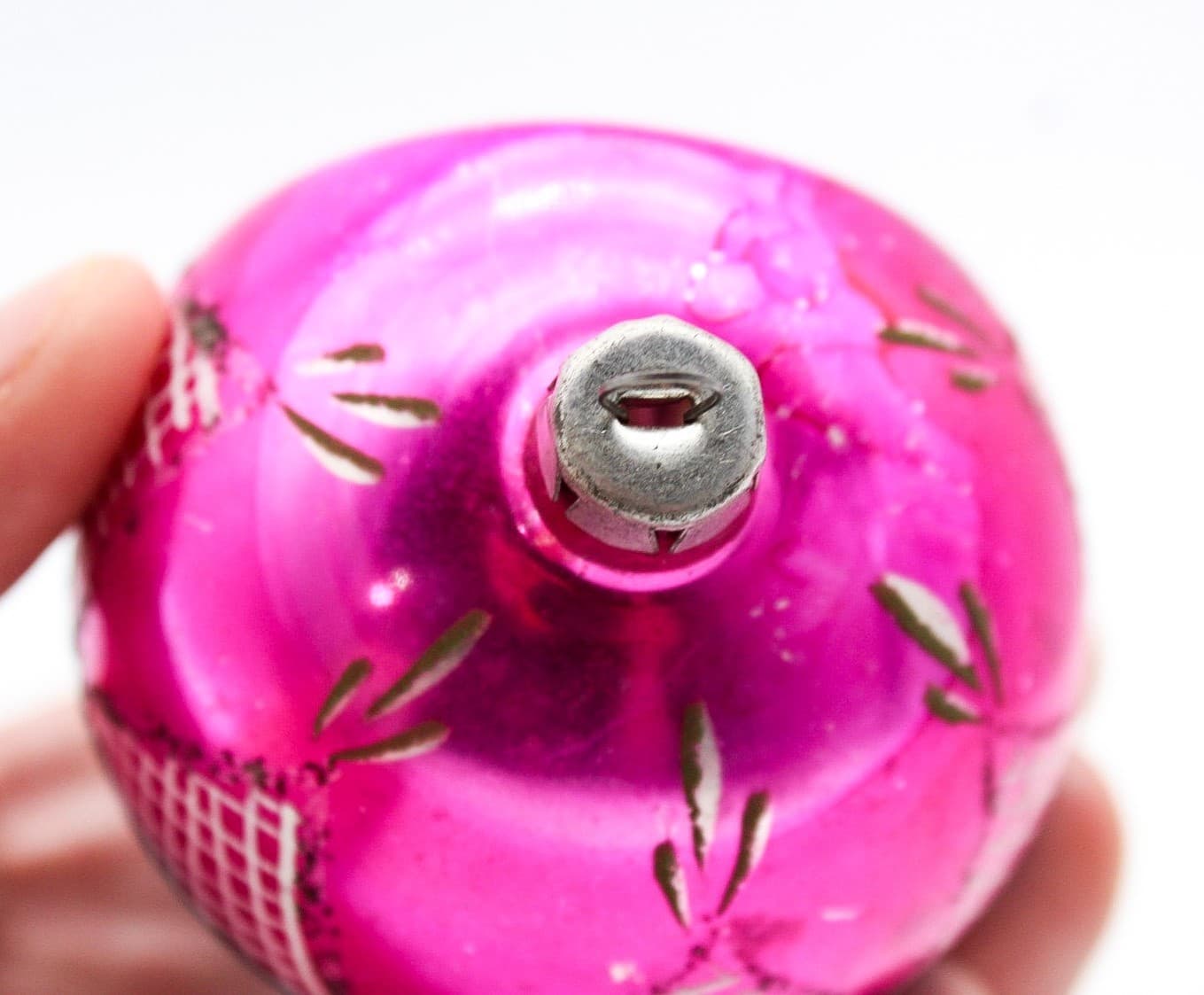 Vintage Poland Indent Reflector Pink Blue Mica Glass Christmas Ornament 2.5" - Thumbnail 3