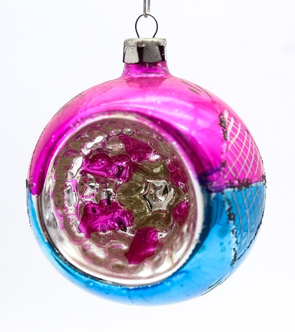 Vintage Poland Indent Reflector Pink Blue Mica Glass Christmas Ornament 2.5" - Thumbnail 8