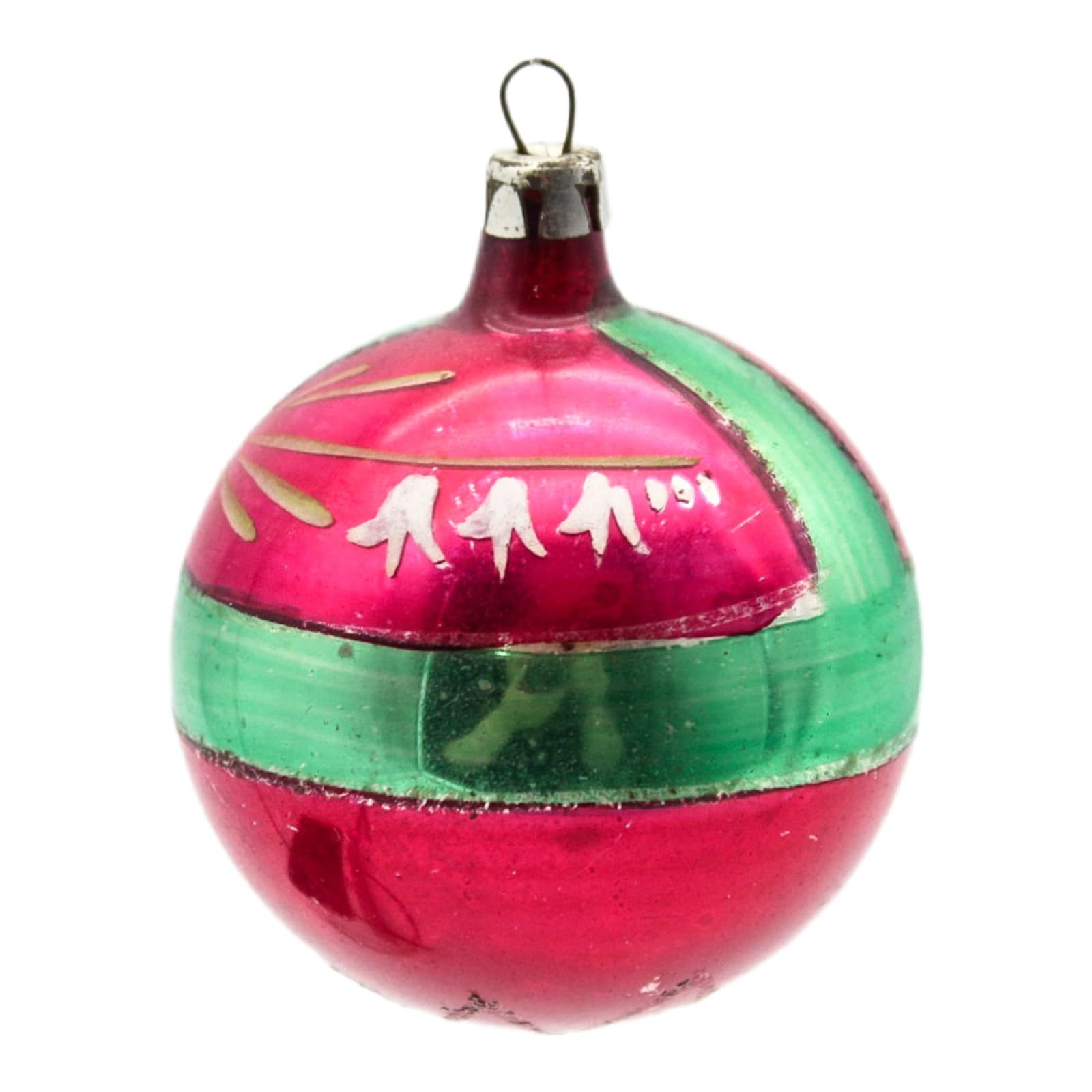 Vintage Poland Handpainted Red Green Floral Mica Glass Christmas Ornament 2" - Image 1